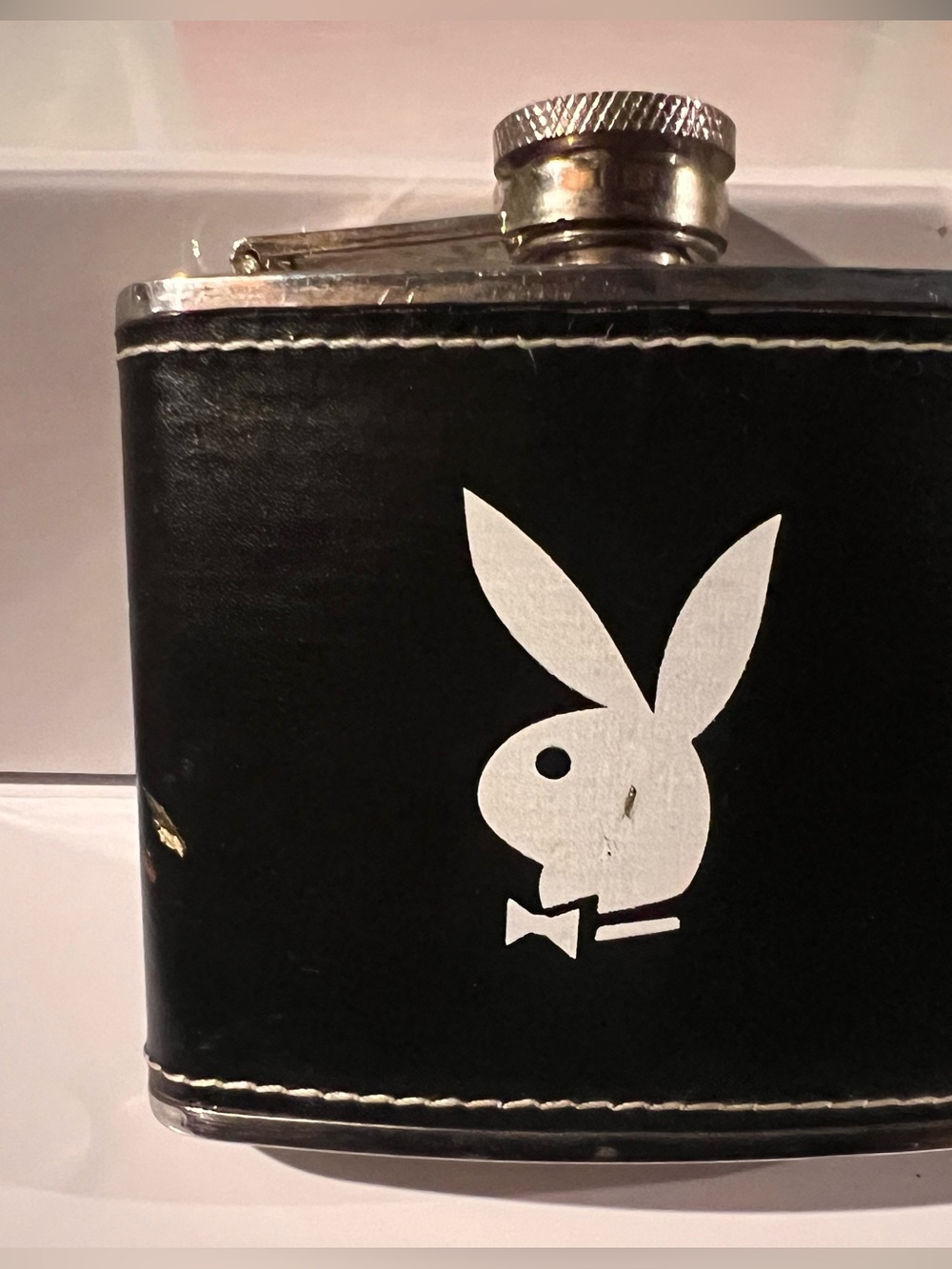 Playboy Black Leatherette Flask - Icon Logo Hip Flask View 2